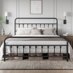 King Size Classic Metal Platform Bed Frame Mattress Foundation with Victorian Style Iron-Art Headboard/Footboard/Under Bed Storage/No Box Spring Neede