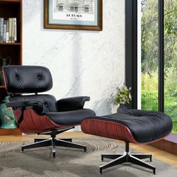 Eames Lounge Chair Inspired Genuine Full Grain Leather Swivel Armchair and Ottoman [NEW IN BOX]  [Retails For $700]