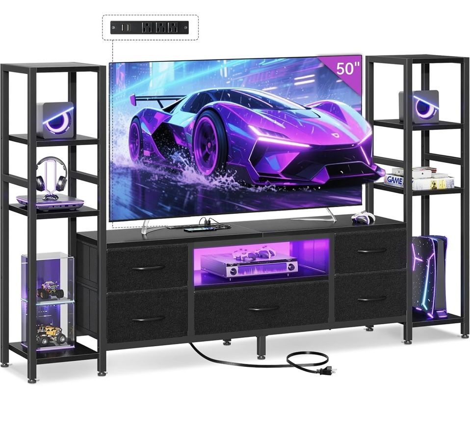 Casaottima TV Stands for 40/43/50 Inch TV, Entertainment Center with LED Lights & Power Outlets, TV Stand Living Room with 5 Fabric Drawers, TV Consol