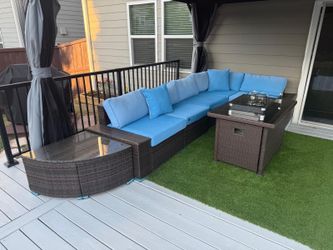 Outdoor Sectional Sofa with Blue Cushions & Fire Pit Table