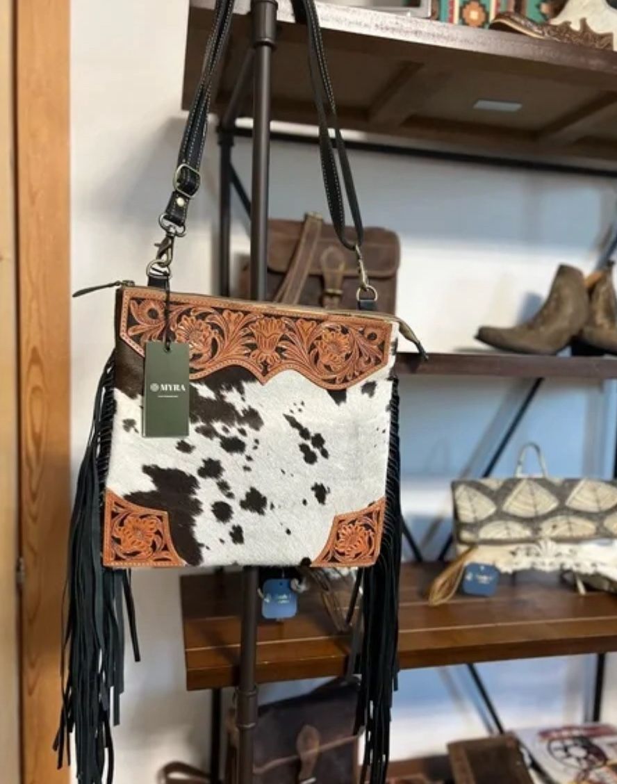 New Western Myra Bag Hand-Tooled floral Leather Cowhide Fringe crossbody purse