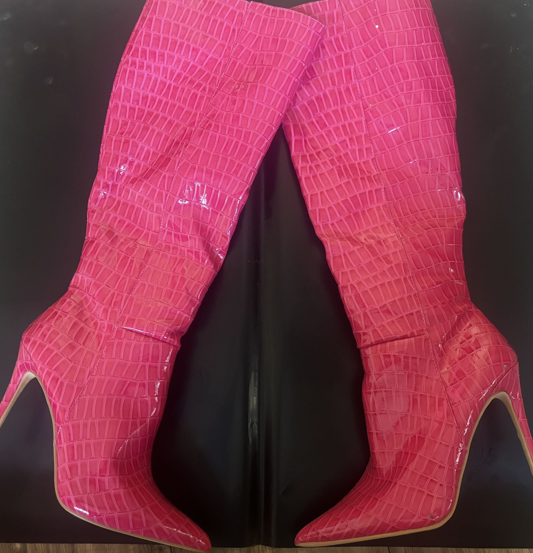 Hot Pink Knee High Heeled Boots