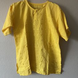 Women’s Yellow Shortsleeved Embroidered Animals Round Neck Shirt, Size 1XL