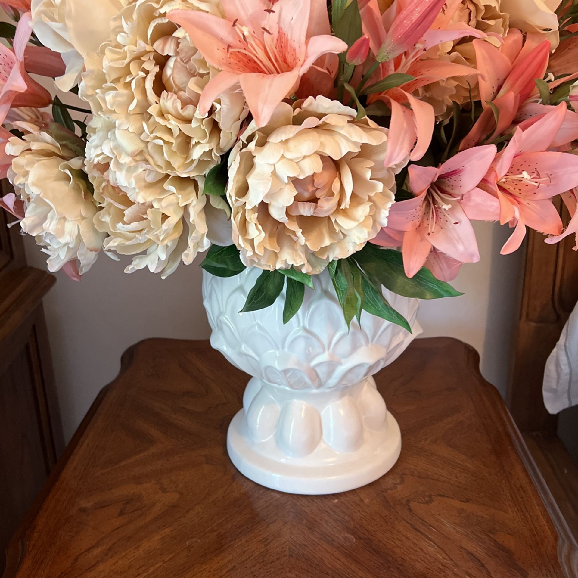 White Vase With All Silk Flowers