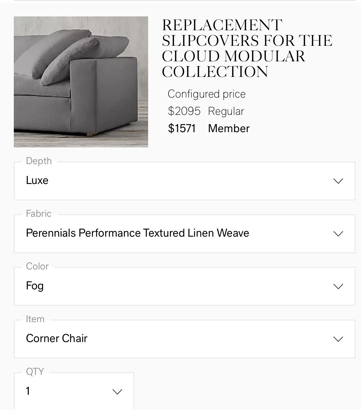 Restoration Hardware Slipcover for Cloud Couch Corner Chair