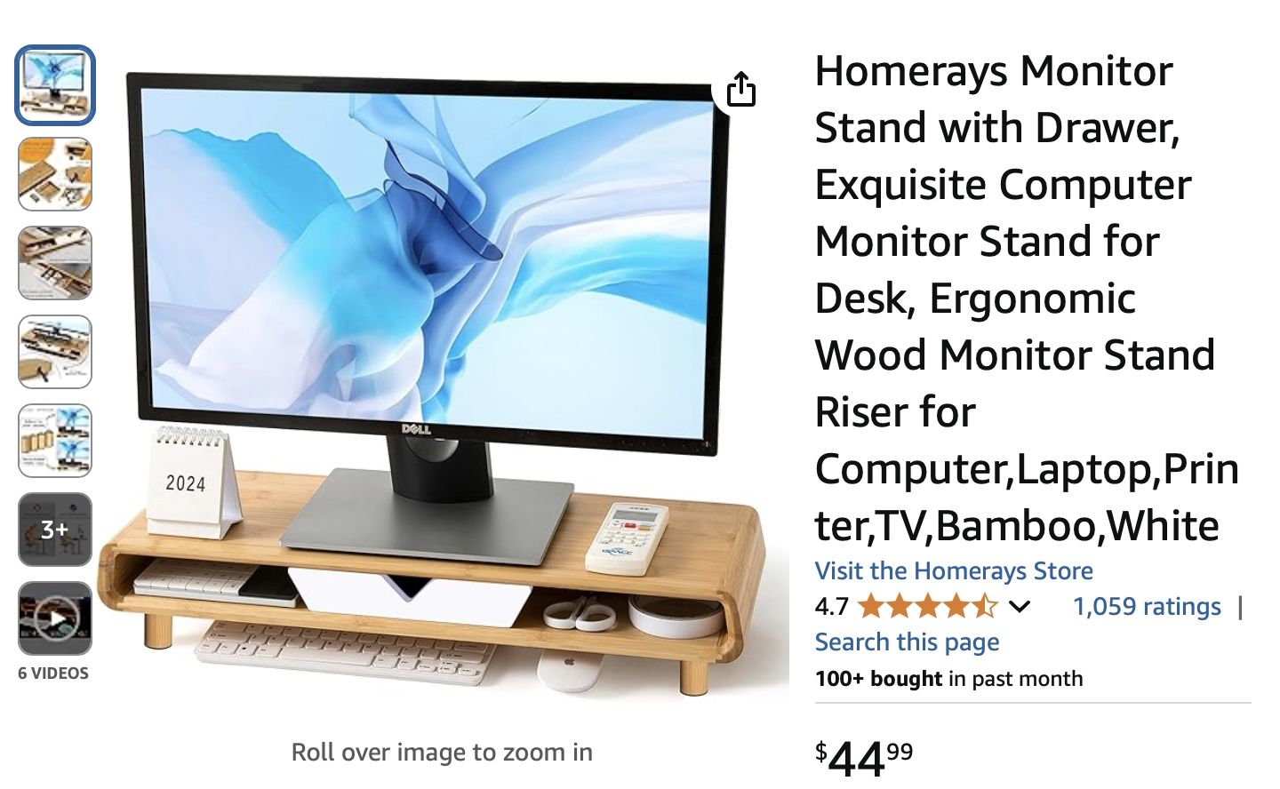Homerays Monitor Stand with Drawer, Exquisite Computer Monitor Stand for Desk, Ergonomic Wood Monitor Stand Riser for Computer,Laptop,Printer,TV,Bambo