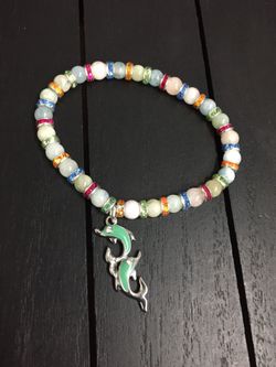 8” Expandable Natural Stone Bracelet with Enamel Dolphin Charm