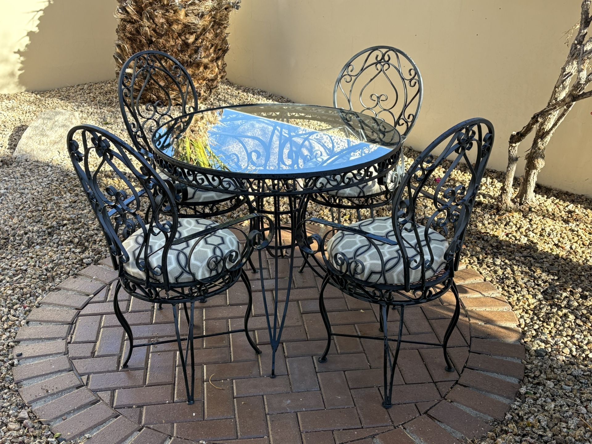 Antique Wrought Iron And Glass Table And Chairs
