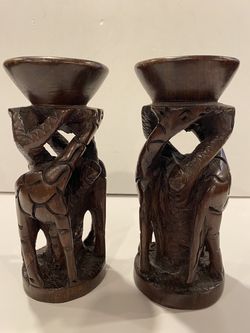 Pair of Hand Carved Dark Wood African Giraffe Candle Stick Holders 6.5” H x 3.5” W