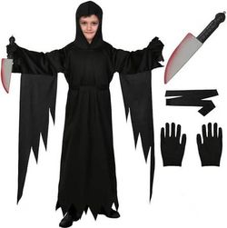 LIKE NEW Sz Small Boy Costume Halloween Long Robe Black Kids Mask Boys Cosplay Girl