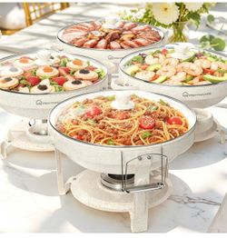 5QT Chafing Dishes for Buffet Set, White Maifan Coated Stainless Steel Food Warmers for Parties Catering, Stackable Buffet Servers with Glass Lid & Ho