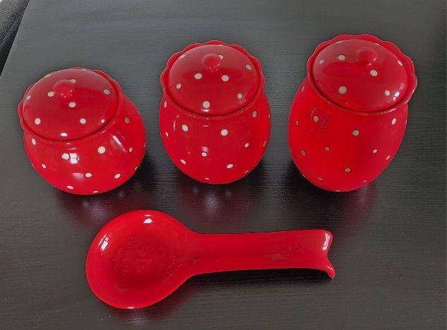 3pc Red Canister Set With Spoon Rest