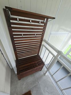 IKEA Outdoor Wood Bench with Wall Panel, Hooks & Top Shelf