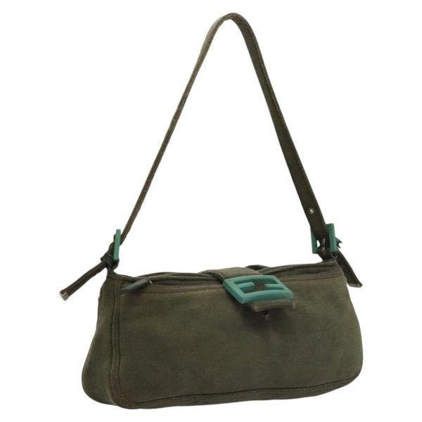 FENDI Mamma Baguette Shoulder Bag Canvas Khaki Silver