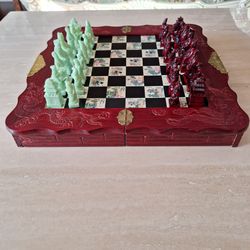 Vintage Chinese Chess Set Carved Wood Dragon Board Jade & Cinnabar Color Pieces


Description:

Vintage Chinese-style chess set with carved wood foldi