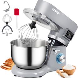 VEVOR Stand Mixer, 660W Electric Dough Mixer with 6 Speeds LCD Screen Timing, Tilt-Head Food Mixer with 5.8 Qt Stainless Steel Bowl, Dough Hook, Flat 