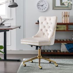 Beige Velvet Upholstered Office Chair with Golden Metal Base, Ergonomic Design [NEW]