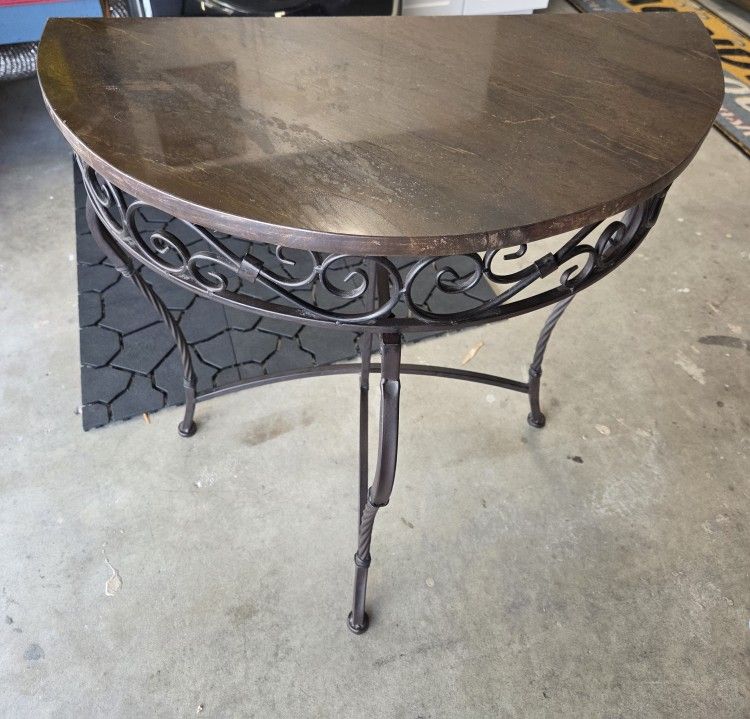 Metal Half Moon Console Table W/ Stone Top Scroll Accent