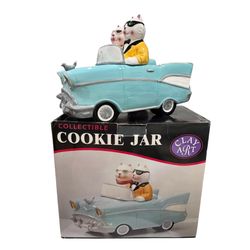 VTG 1997 Clay Art Collectible 1957 Chevy Cruisin’ Cats Ceramic Cookie Jar In Box