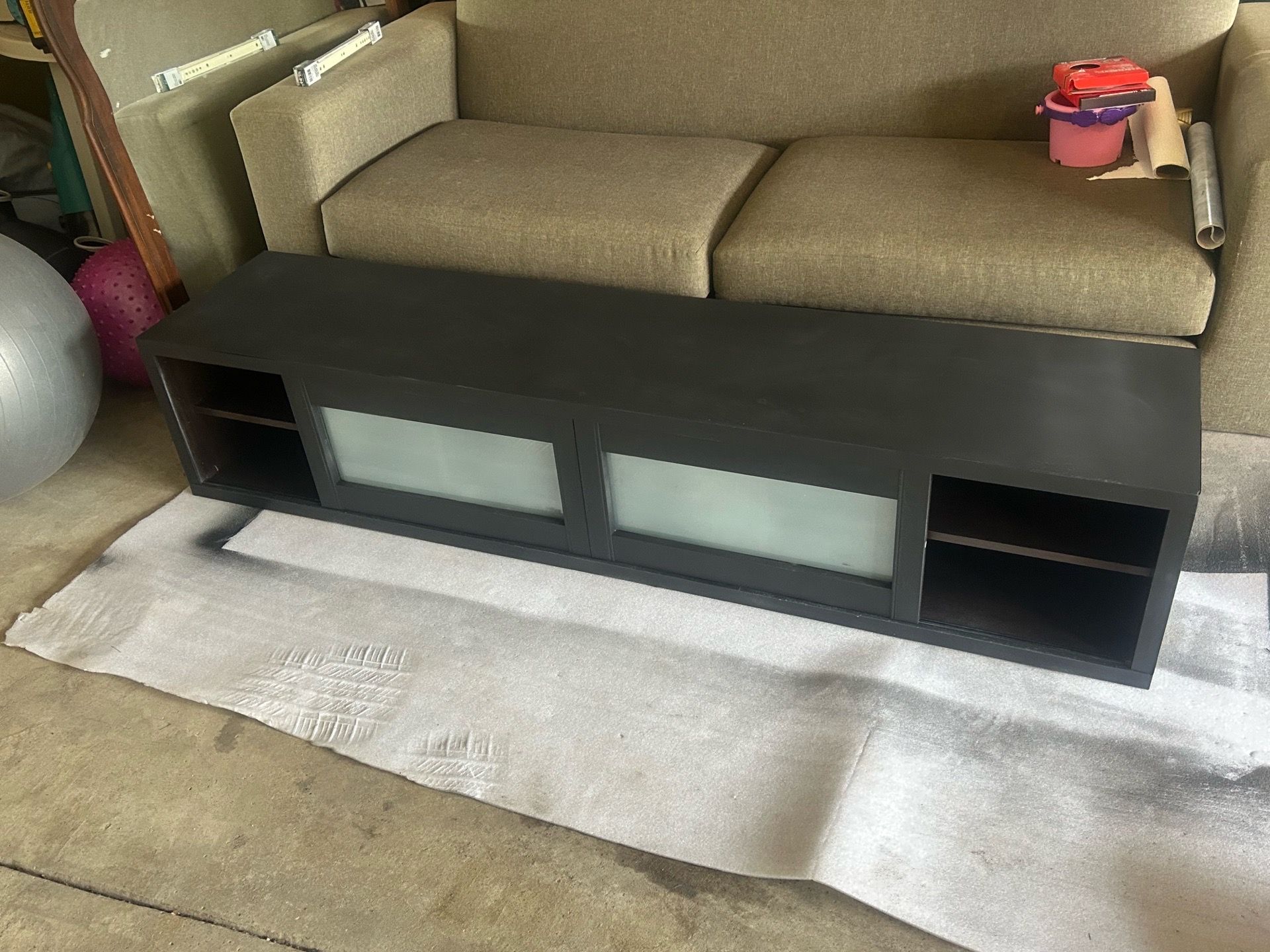 Modern Black TV Stand with Frosted Glass Doors – Great Condition