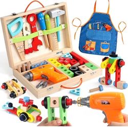 Kids Tool Set with Drill, Educational Montessori Toys for 3+ Year Old Boys 44 Pcs STEM Kids Toys Wooden Toddler Tool Set with Apron & Box Birthday Gif