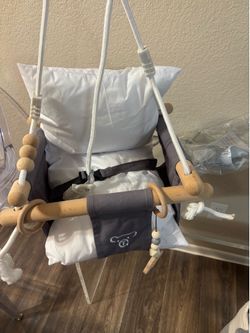 Baby Swing - Outdoor & Indoor, Cozy Toddler Swing for Backyard, Hanging Swing Seat Chair, Cotton Canvas & Beech Wood Frame, Safety Harness,$35