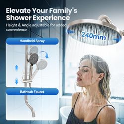Upgrade 9.5 Inch Rainfall Ceiling Shower Head with Handheld Spray & Tub Spout & Adjustable Bar, 360° Rotatable, Brushed Nickel, High Pressure, Dual Sh