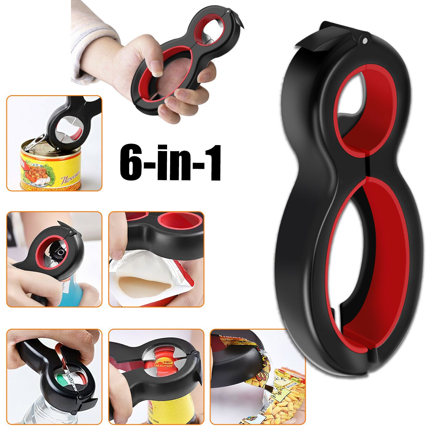6 in 1 Multi Function Opener Can Container Bottle Jar Lid Tool All in One Twist - NEW