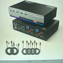 NEW HDMI KVM Switch 3 Monitors 2 Computers. 4K@60Hz, USB 3.0 KVM Switch Triple Monitor 2 Ports HDMI, Support EDID, 1G Ethernet, Hotkey Switch, Audio&M