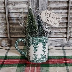 Ht-10.5in Width-9in HANDMADE Artificial XMAS Arrangement In A XMAS Tree Cup