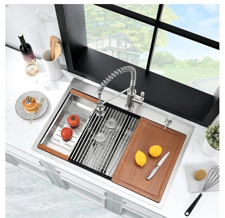 33 Inch Drop In Double Bowl Kitchen Sink Workstation -BWXIAOC 33 x 22x10 Double Bowl Drop-in 70/30 Stainless Steel 16 Gauge Topmount Kitchen Sink Basi