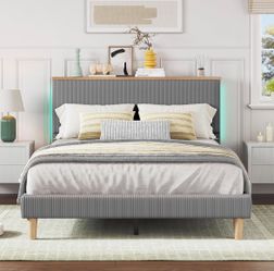 Queen Platform Bed with Adjustable Storage Headboard Shelf, LED Corduroy Upholstered Bed Frame, Gray