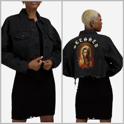 TRIO Urban Black Cropped Distress Denim Jacket with Blessed Graphic M/L