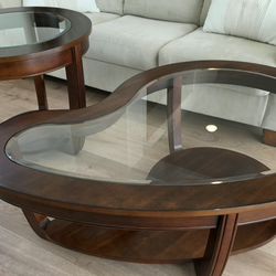 2-Piece Wood & Glass Coffee Table Set (Coffee Table + End Table)