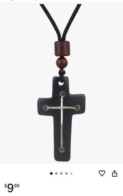 NEW Joddfly Handmade Tribal Cross Necklace, Black Bone Pendant with Brown Wooden Beads, Adjustable Cord 25.6 Inches, Religious Jewelry