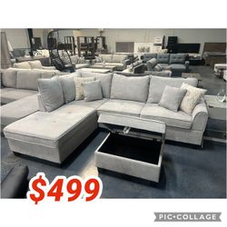 99.5"W Light Gray Fabric Sectional Sofa with Left-Facing Chaise and Storage Ottoman 99.5"W X 76.5"D X 37.5"H