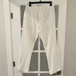 Zara Men’s Textured Cotton Stretch White Jogger Pants Size Small, straight-slim fit