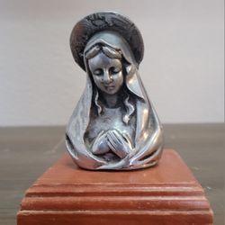 Religious figurine Virgin Mary Peweter & Wood 