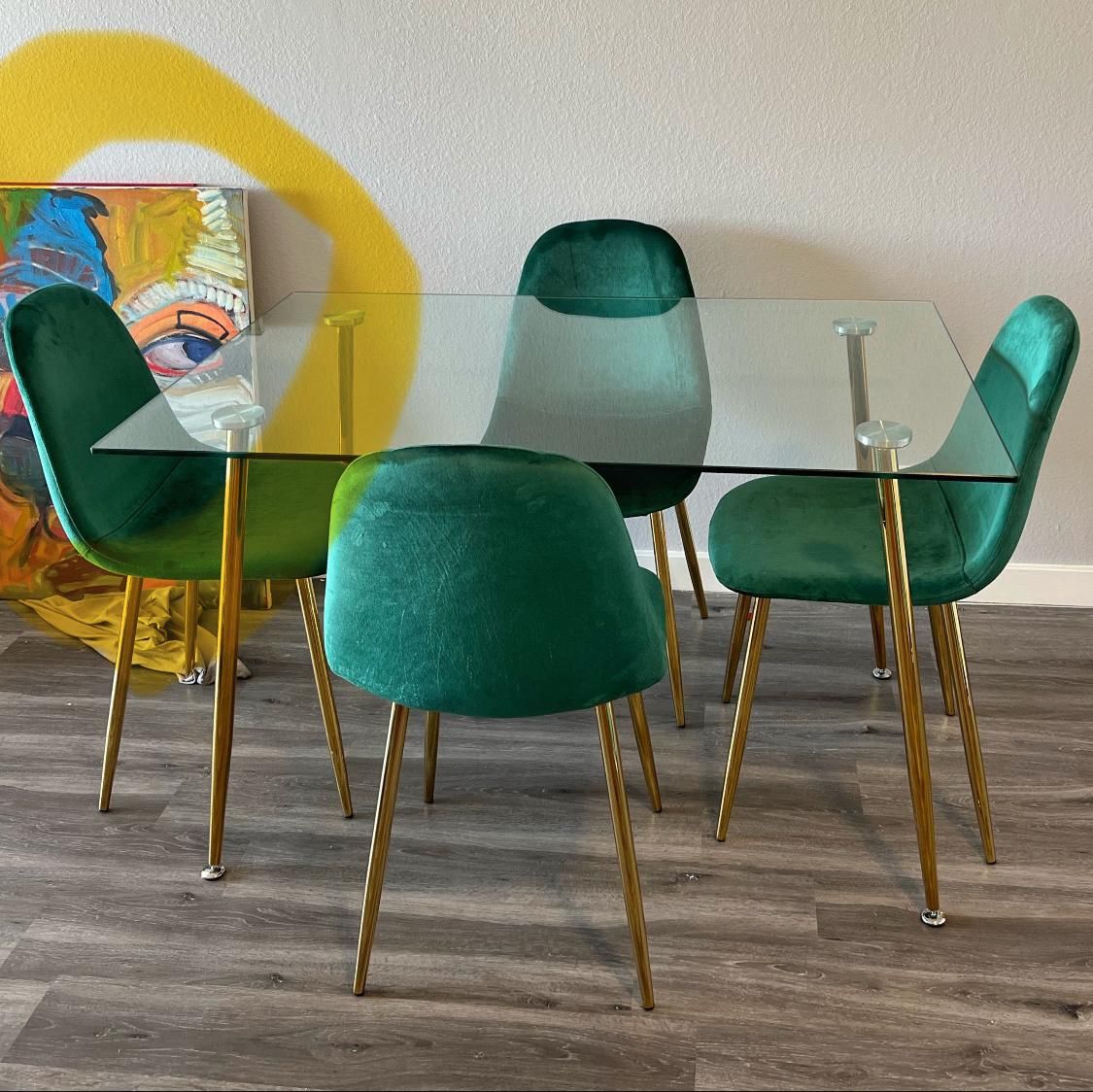 Emerald Green Gold Velvet Glass Dining Set 
