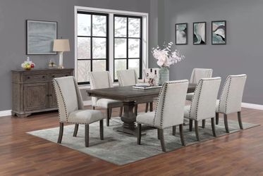Solid Wood 9-Piece Dining Set, Rustic Gray Dining Set with Upholstered Nailhead Cushion Chairs, Formal Dine set,  contemporary farmhouse luxury Dining