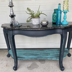 Pretty Coastal Grey And Teal Sofa Table 