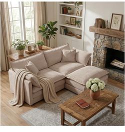 Beige Sectional Sofa with Ottoman
