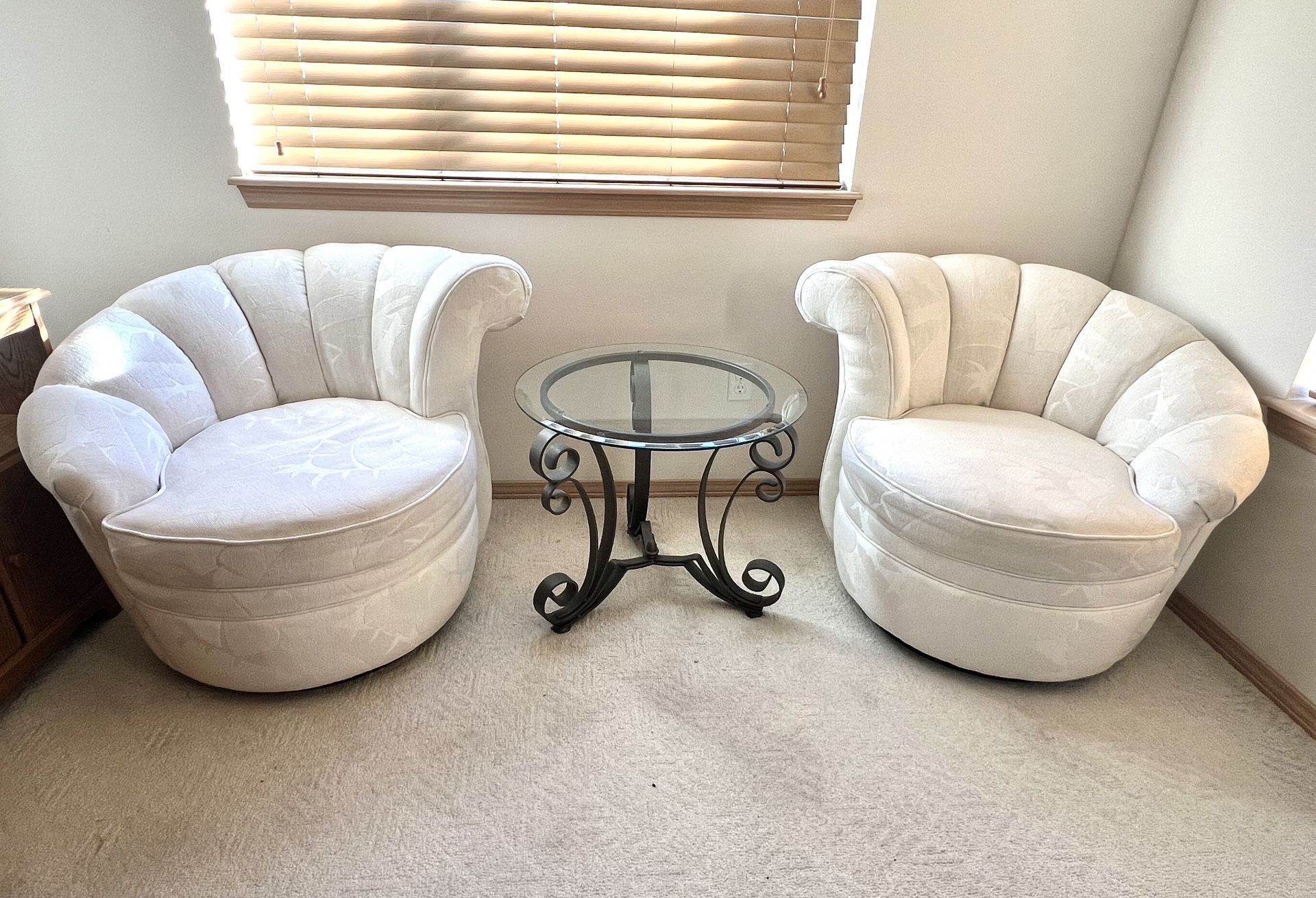 Pair Of Vintage Postmodern Ascending Clam Shell Swivel Barrel Chairs