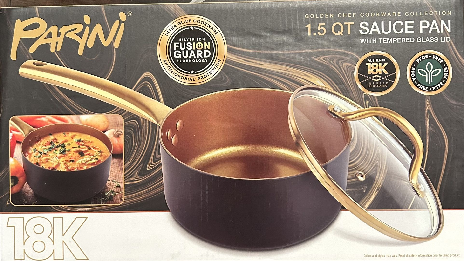 NEW PARINI 1.5 Quart sauce pan with tempered glass lid 18K infused gold coating- $20