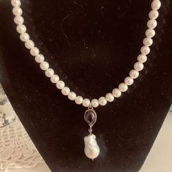 Authentic White South Sea Pearl Necklace With Gemstone And Baroque Pearl Pendent