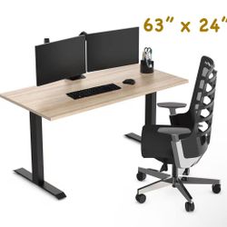 😀 FLEXISPOT Standing Desk with Desktop, 63”x24" Electric Height Adjustable Desk for Office & Multi-Device Workstations, natural oak