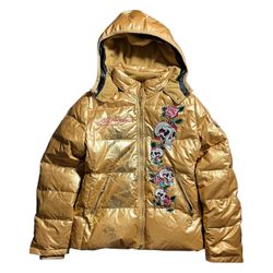 SIZE SMALL. ED HARDY by Christian Andigier. Y2K Vintage RARE Gold Puffer jacket 