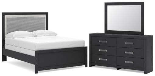 Maeling Black Full Upholstered Panel Bed, Dresser and Mirror (Online Special Price)