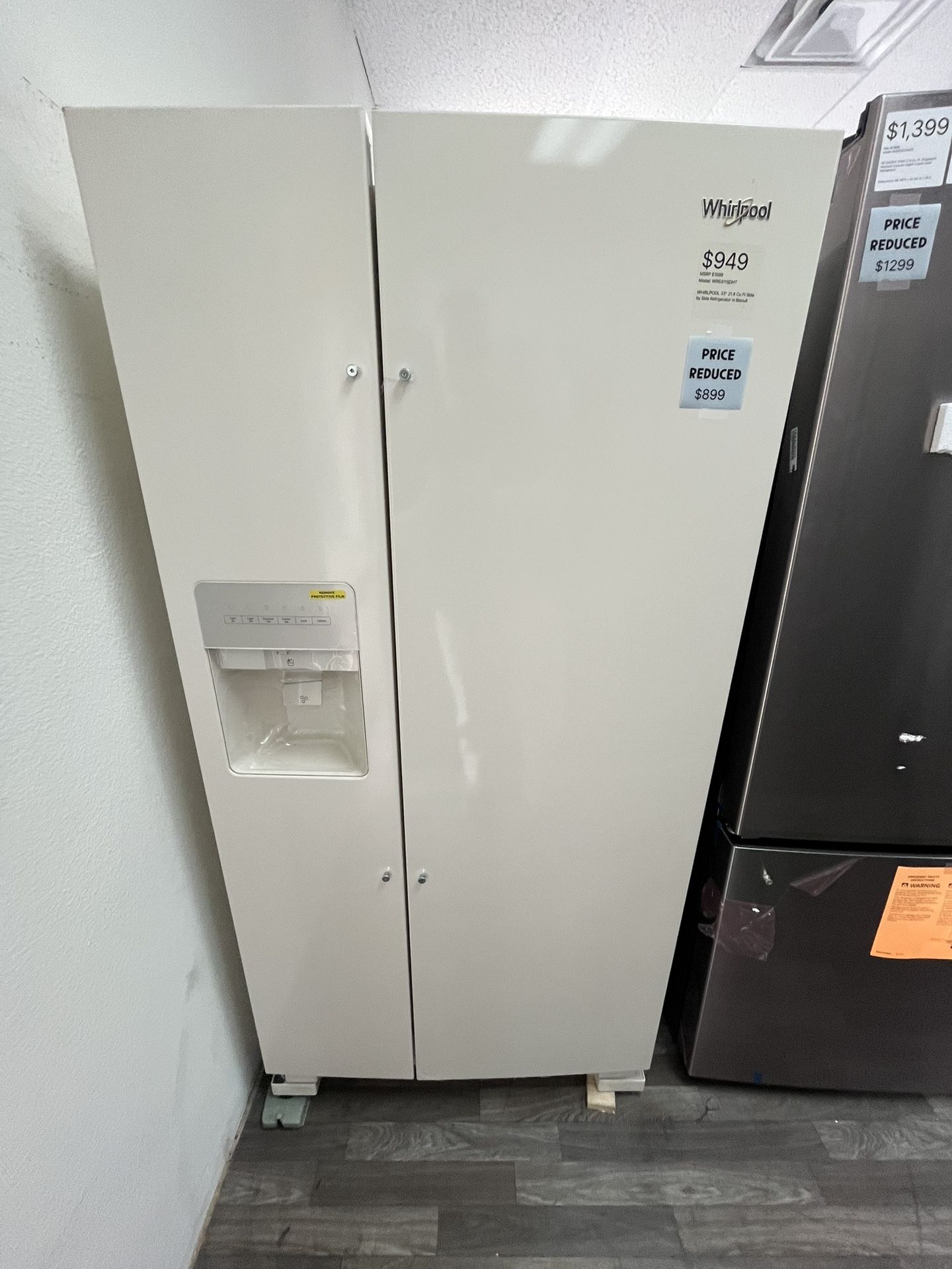 $949 Whirlpool 33”W Biscuit Colored Side by Side Fridge, One Year Warranty