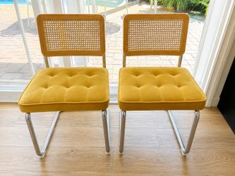 Pair of Cesca-Style Cantilever Dining Chairs – Cane & Mustard Velvet